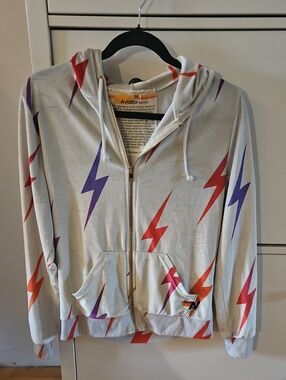 Aviator Nation Velvet Bolt Repeat Cream Hoodie with Lightning Bolts Size M